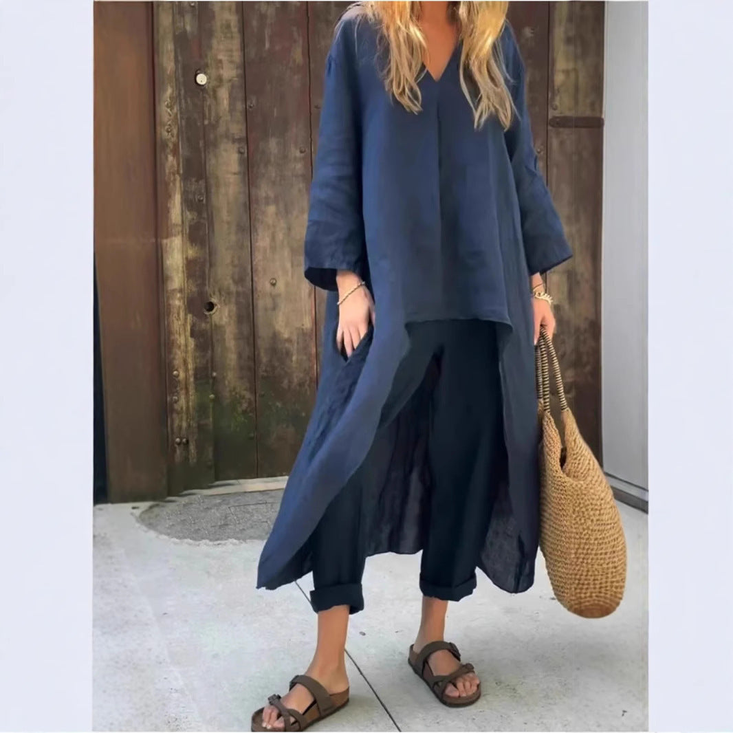 Ensemble 2 pièces ample uni à col V avec poches sakizal