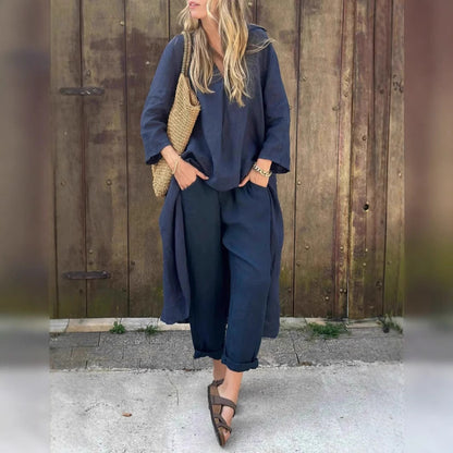 Ensemble 2 pièces ample uni à col V avec poches sakizal