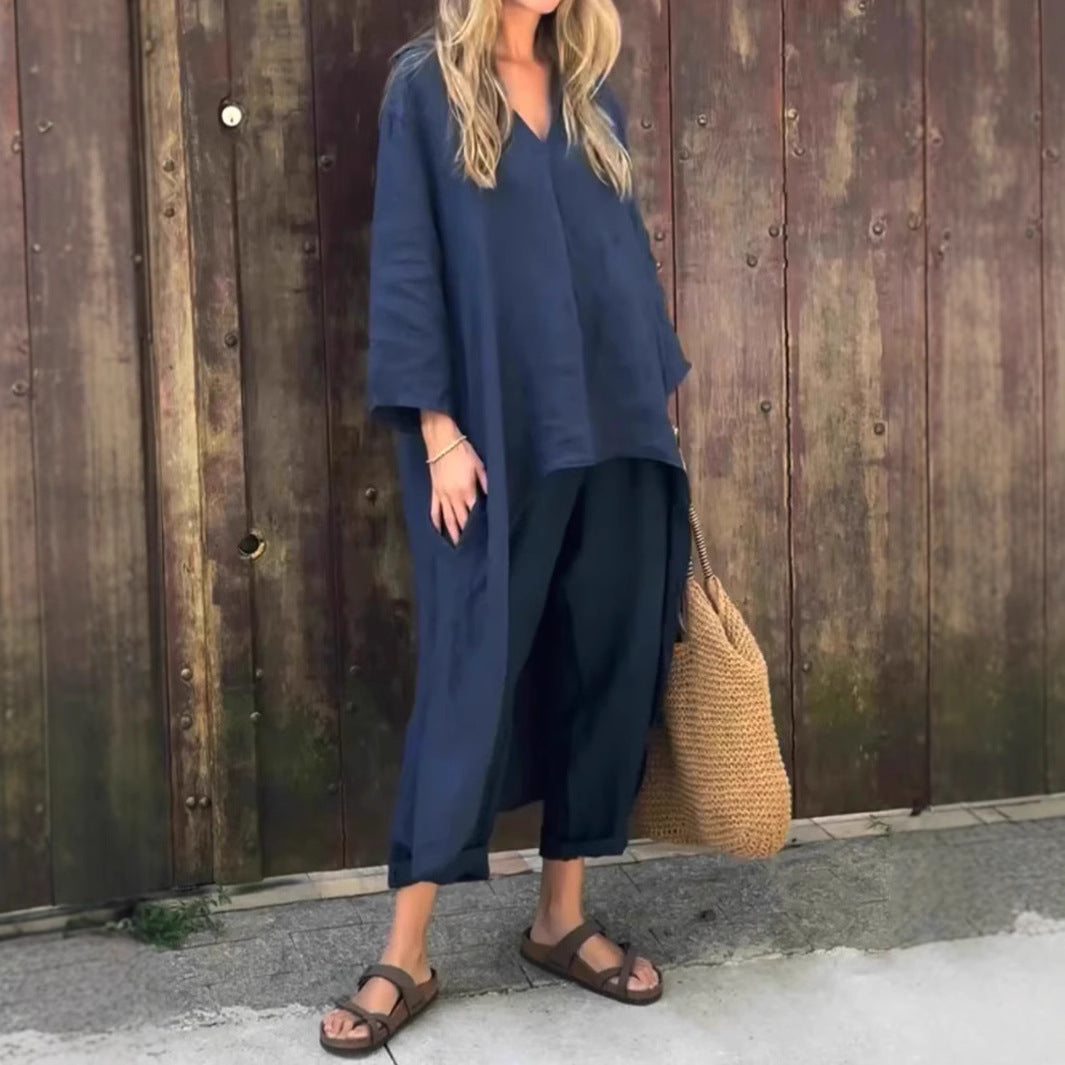 Ensemble 2 pièces ample uni à col V avec poches sakizal