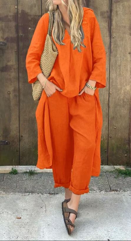 Ensemble 2 pièces ample uni à col V avec poches sakizal