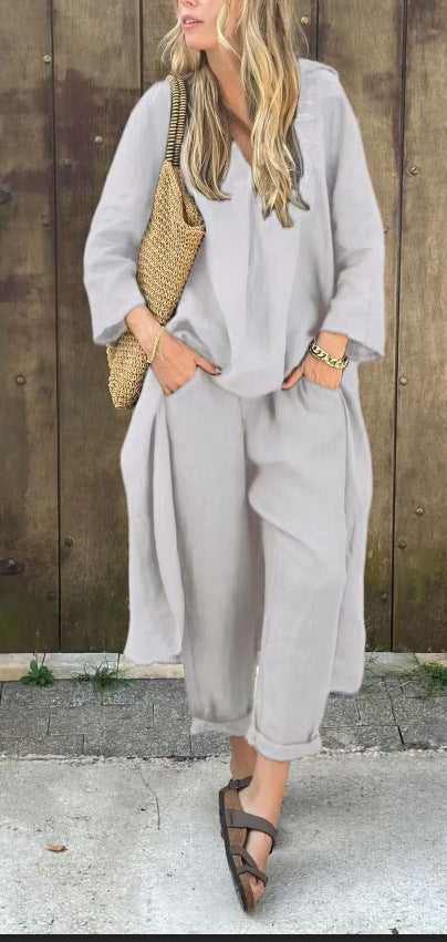 Ensemble 2 pièces ample uni à col V avec poches sakizal