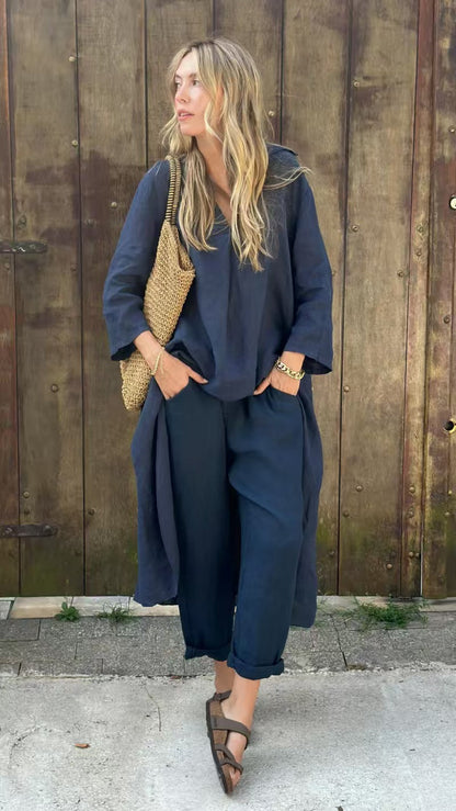 Ensemble 2 pièces ample uni à col V avec poches sakizal