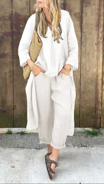 Ensemble 2 pièces ample uni à col V avec poches sakizal