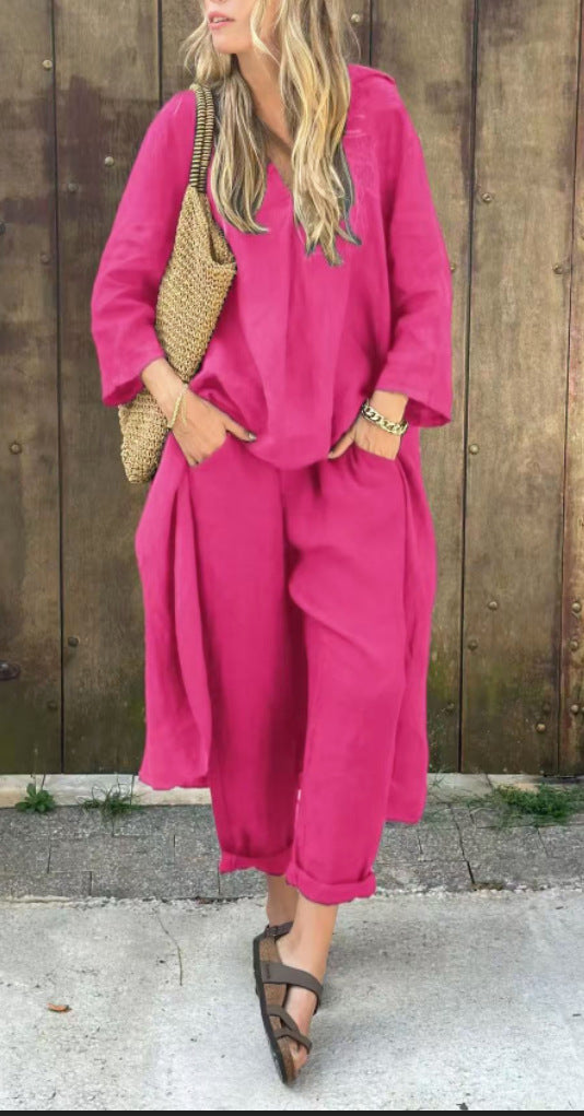 Ensemble 2 pièces ample uni à col V avec poches sakizal