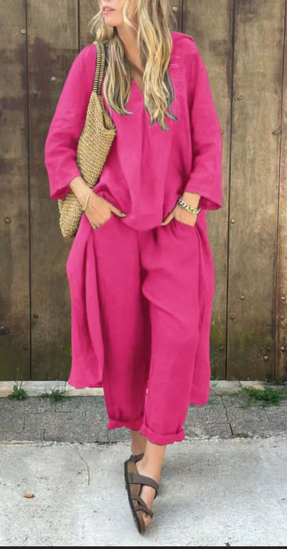 Ensemble 2 pièces ample uni à col V avec poches sakizal